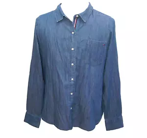 TOMMY HILFIGER Mens (Size Large) Blue Long Sleeve Button Front Logo Shirt Cotton - Picture 1 of 4