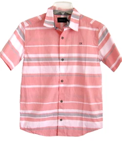 Calvin Klein Jeans Boys Pink Striped Button Up Shirt Short Sleeve Size L (14-16) - Picture 1 of 10