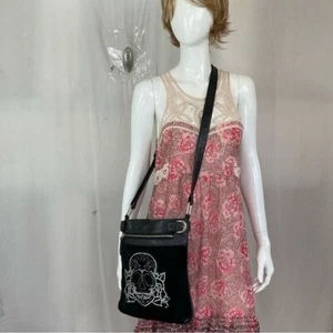 Monica Chama’s Handcrafted Skull Rhinestone Leather Suede Crossbody Bag Black - Picture 1 of 10
