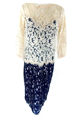 Vestido para mujer Tadashi Shoji 4 encaje marfil azul marino funda manga 3/4 dos tonos usado en excelente estado Foto 1 de 3