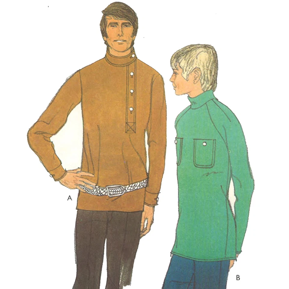 1960s Pattern, Men's Stand Collar Turtle Neck Shirt Hipster - Chest=44" (112cm) - Image 1 of 3