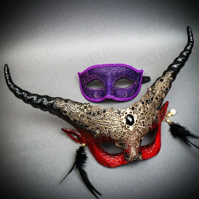 Purple Venetian Classic Eye w/ Long Horns Fairy Devil Red Eye Mask Couple Mask - Image 1 of 4