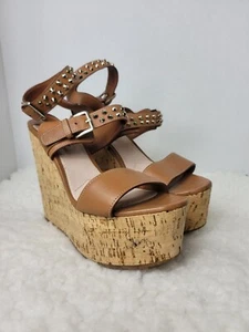 Miu Miu Brown Studded Spike Ankle Strap Cork Platform Strappy Sandals Wedges  - Picture 1 of 9