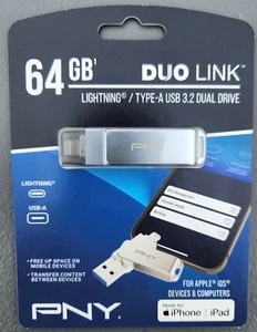 PNY 64GB Duo Link USB 3.2 Dual Flash Drive lightning & Type-A iPhone,iPad - Picture 1 of 2