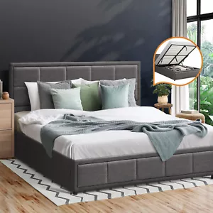 Oikiture Bed Frame Queen Size Gas Lift Storage Base Fabric Grey - Picture 1 of 10