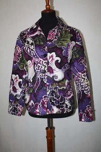 Chico's Sz 1 Purple Art Floral Jacket Lightweight Lined Cotton Sequin Accents - Picture 1 of 6