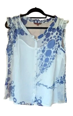 Caramelo XXL 100% Silk White Blue Spot Sheer Flowy Button Down Dressy Top/Blouse - Image 1 of 4