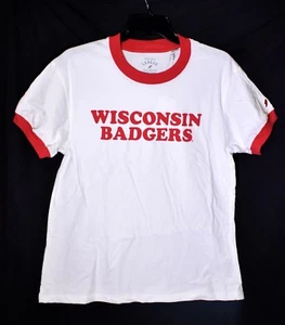 WISCONSIN BADGERS White Camp Ringer T-Shirt (Size L/Large) 100% Cotton NCAA NEW - Picture 1 of 7