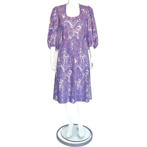 JEANE EDDY Vtg Cottagecore 70s Purple Paisley Prairie Dress Puff Sleeve sz 8 766 - Picture 1 of 6