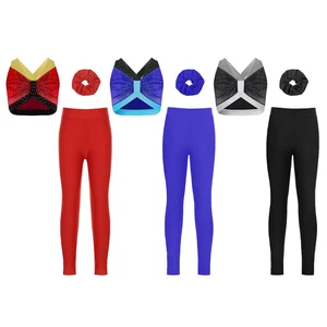Kids Girls 3Pcs Yoga Dance Outfits Ruched Crop Tops and Pants Hair Band Set - Picture 1 of 8