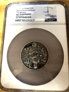 2oz 2024 UKRAINE BATTLE HARDENED NGC FR MS70 Antiqued Silver Coin - Picture 1 of 3