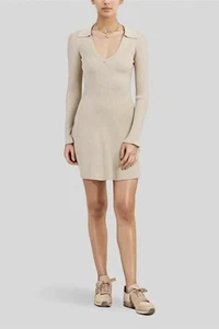 Dissh Dress Womens Medium Stone Beige Knit Ribbed Short Mini Collared Long Sleev - Picture 1 of 10