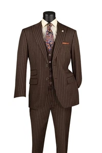 Vinci Men's Regular Fit Gangster Stripe 2-Button 3-Piece Suit Brown - Picture 1 of 3