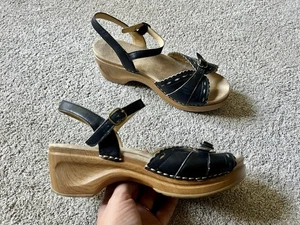 Sanita Women's Size 41 Dawn Platform Wooden Heels Sandals Black Leather Clogs - Picture 1 of 6