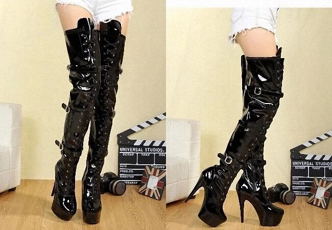 Women's Patent Leather Thigh High Latex Boots Zip Sexy Stripper Club Dance Shoes - Image 1 of 4