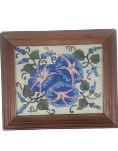 Vintage 10x12 Framed Needlepoint Morning Glories Wall Hanging - Picture 1 of 4
