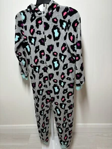 Total Girl Hooded One Piece Plush Pajama Zip Closure Leopard Print Girls Size M - Picture 1 of 3