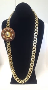 Yves St Laurent Brown Leather Medallion Gold Chain Belt Necklace Vtg YSL 34" L - Picture 1 of 23