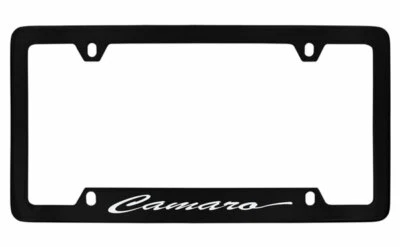 Chevrolet Camaro script wordmark black coated metal license plate frame holder - Image 1 of 2