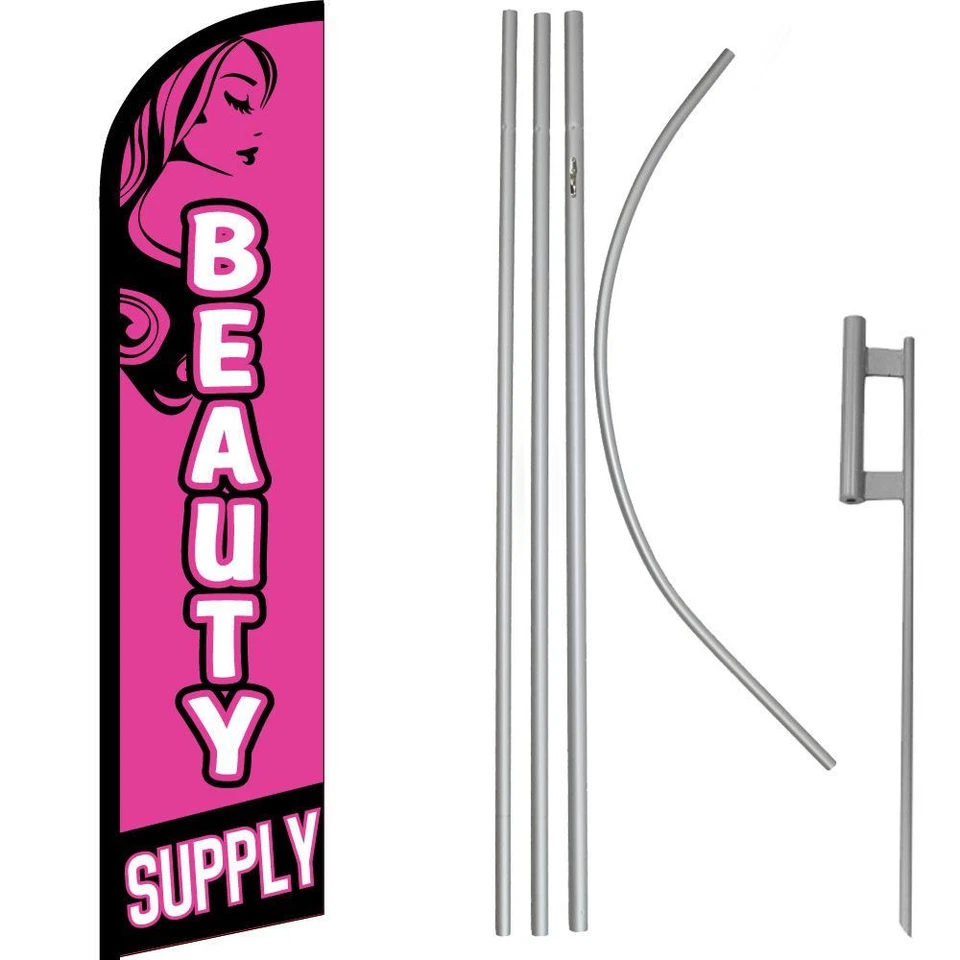 Beauty Supply Pink/White/Black Windless Banner Flag & 16ft Flagpole Kit /Ground - Image 1 of 1