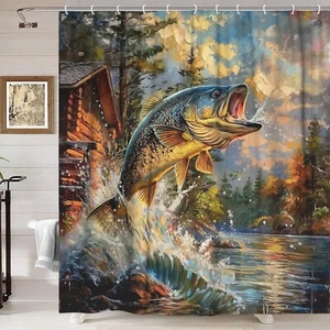 Rustic Cabin Shower Curtain, Country Lodge Bass Fish Lake Fishing Shower - Picture 1 of 5