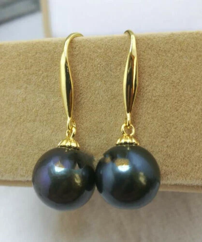 AAA 10-11mm natural black Tahitian round Pearl Earrings 14K YELLOW GOLD P Foto 1 de 3
