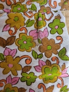Vintage 70s Terrycloth Towel Dress Coverup Caftan Gold / Pink Flowers Small - Picture 1 of 9