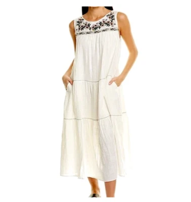 Новый с Ярлыками Max Studio женщин большой белый вышитый круглый вырез макси платье без рукавов - Изображение 1 из 4