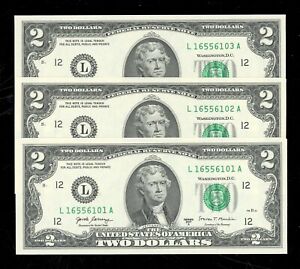 Set of 3 $2 Dollar Bills 2017 Crisp Gem Uncirculated 3 Pack Consecutive serials