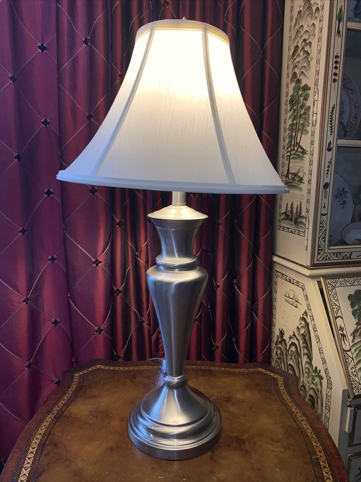 Vtg STIFFEL Brush Nickel Table Lamp Silver & original shade - Image 1 of 4