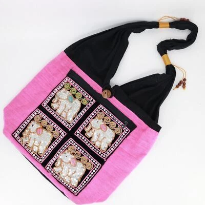 India Elephant Handbag Women L Pink Black Sequins Hobo Boho Purse Shoulder Bag - Image 1 of 4