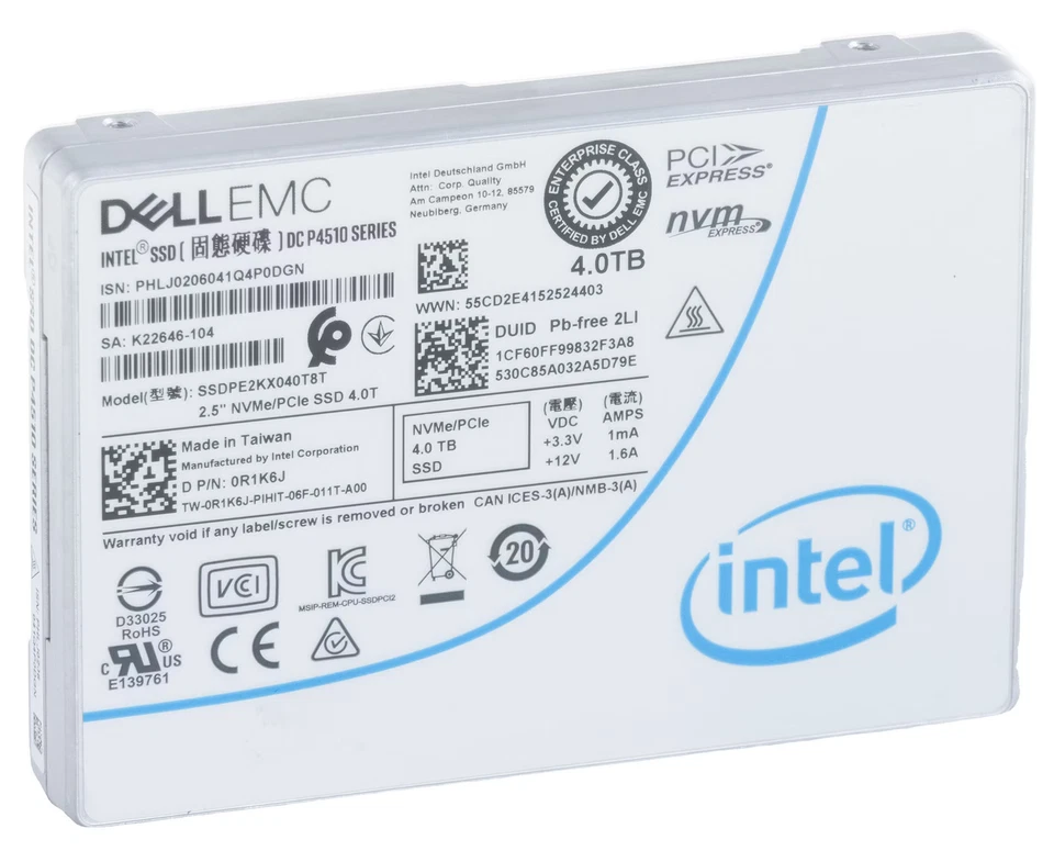 Intel 4TB SSD NVMe U.2 P4510 SSDPE2KX040T8T  Dell 0R1K6J R1K6J 3000/2900 MB/s - Bild 1 von 1