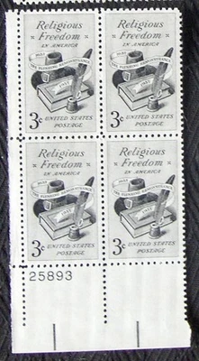 US 3¢ stamp SC #1099 Religious Freedom In America MNG 1957 plate block - Image 1 of 2