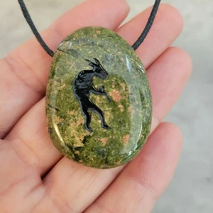 Green Jasper Petroglyph Necklace Hand Carved Goat Pendant Adjustable Cord - Picture 1 of 8