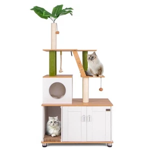 All-in-One Cat Tower W/ Litter Box Enclosure Cat Tree Scratching Posts Ladder - Picture 1 of 8