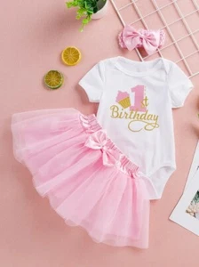 Baby Girls "First Birthday" Mesh Princess Skirt & Headband Short Sleeve - Picture 1 of 2