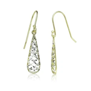 Gold Tone over Silver Two-Tone Diamond-cut Filigree Teardrop Dangle Earrings - Picture 1 of 3
