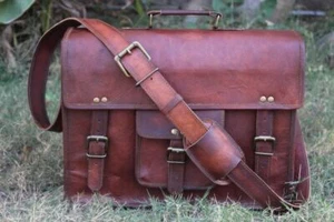 Vintage Goat Leather Men's Briefcase Shoulder Bag Messenger Bags Laptop Case - Picture 1 of 5