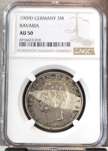 1909 GERMANY SILVER 3 MARK BAVARIA KING OTTO NGC AU 50 SCARCE HIGH GRADE - Picture 1 of 3