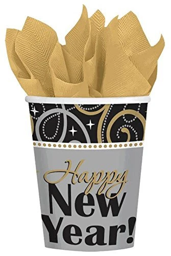 Festa de Ano Novo Espumante Ouro Preto Prata 9 oz. Copos de papel - Imagem 1 de 1