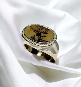 Real Dendritic Agate Sterling Silver 925 Ring Natural Yemeni Aqeeq Unisex Band - Picture 1 of 4