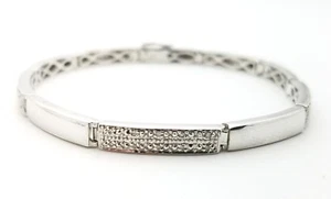 Sterling Silver 925 Flat 5 mm Bar Link Pave White Diamond 8' In Chain Bracelet - Picture 1 of 11