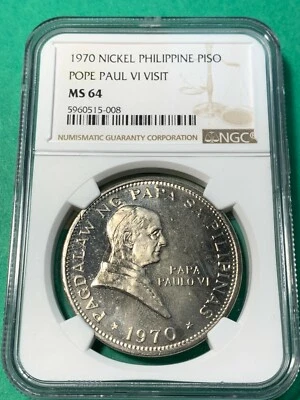 PHILIPPINES 1970 PISO POPE PAUL VI VISIT COMMEMORATIVE NICKEL NGC MS 64    - Image 1 of 4