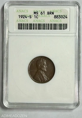 1924-S 1C Lincoln Cent (ANACS MS61) BR8692ZS - Image 1 of 4