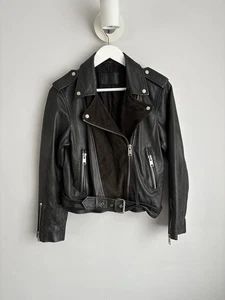 Chaqueta de motociclista de cuero All Saints Hyland Reino Unido 10 / con gamuza - negra / marrón - Imagen 1 de 14