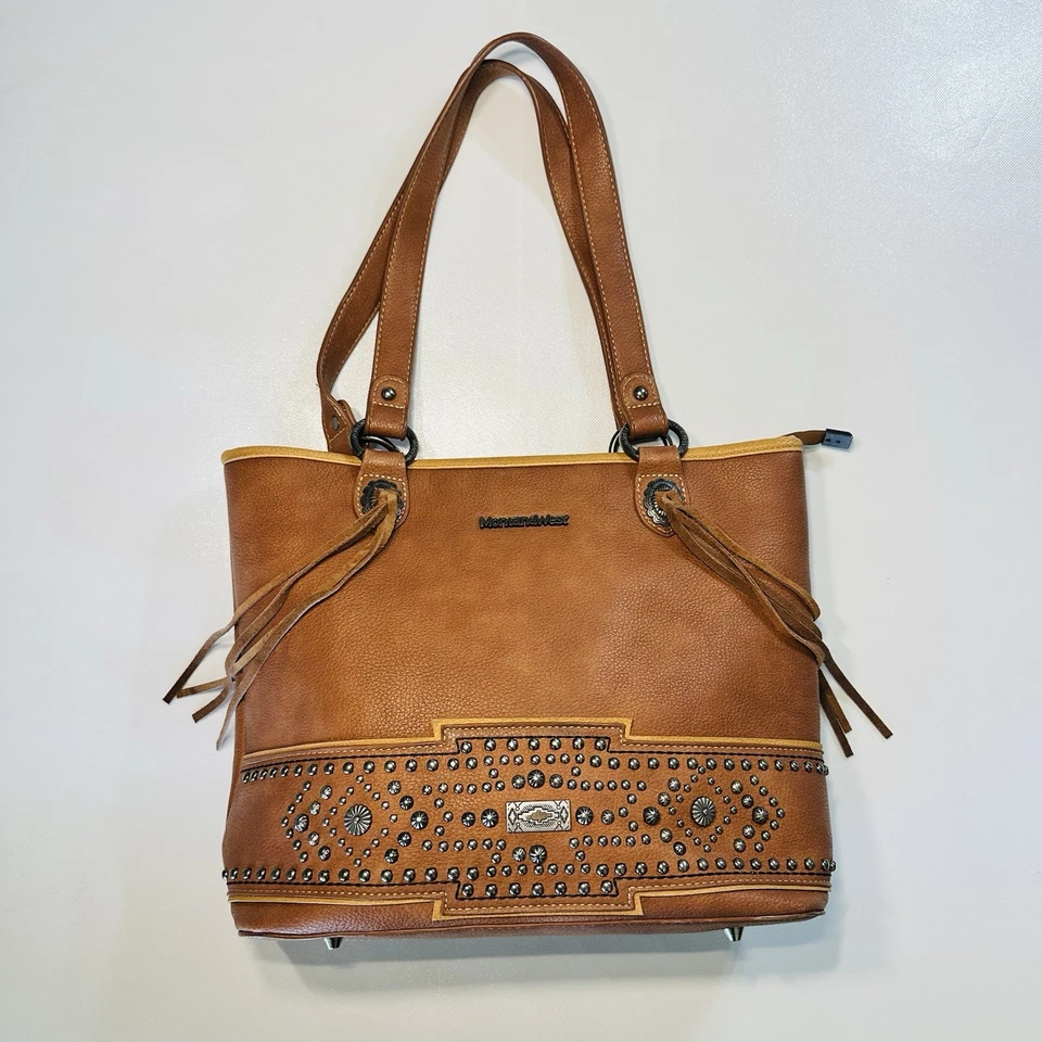 Montana West Tote Brown Leather Studded / Fringe Lots Of Pockets Western - Image 1 of 4