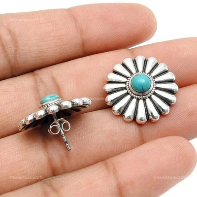 Natürlich Türkis Echt 925 Sterlingsilber Weihnachtsgeschenk Artisan Ohrstecker - Bild 1 von 4