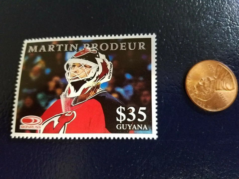 Estampilla perforada blanca Martin Brodeur New Jersey Devils Donruss Guyana WOW Foto 1 de 1