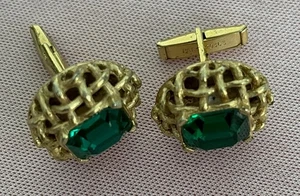 vintage Cufflinks green emerald Center 1950s Pat. 2920363 VTG gold tone!!!! - Picture 1 of 4