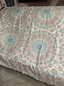 Cynthia Rowley shower curtain with a teal, turquoise, and tangerine medallions - Picture 1 of 6